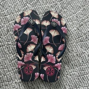 Tory Burch Black and Pink Floral Sandals